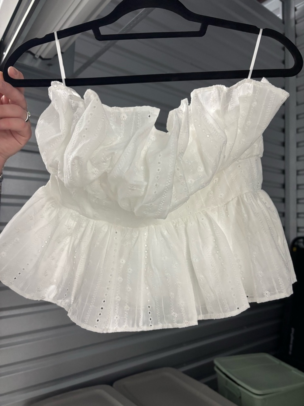 White Ruffled Strapless Top with Eyelet Detailing